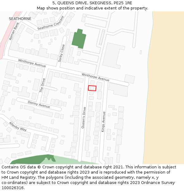 5, QUEENS DRIVE, SKEGNESS, PE25 1RE: Location map and indicative extent of plot