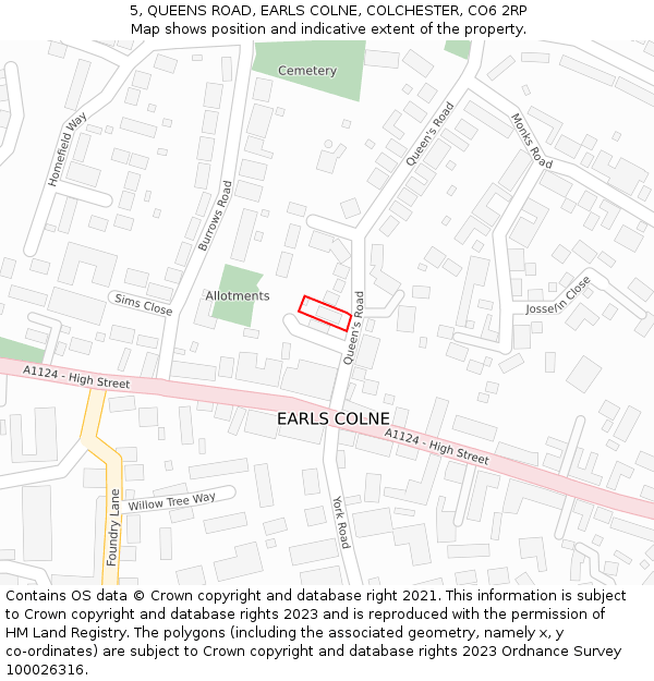 5, QUEENS ROAD, EARLS COLNE, COLCHESTER, CO6 2RP: Location map and indicative extent of plot