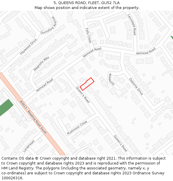 5, QUEENS ROAD, FLEET, GU52 7LA: Location map and indicative extent of plot
