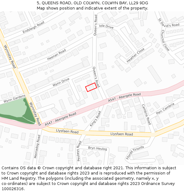 5, QUEENS ROAD, OLD COLWYN, COLWYN BAY, LL29 9DG: Location map and indicative extent of plot