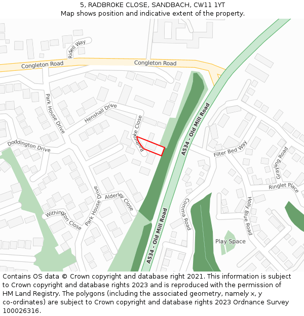 5, RADBROKE CLOSE, SANDBACH, CW11 1YT: Location map and indicative extent of plot