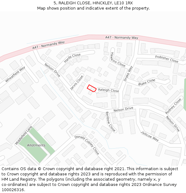 5, RALEIGH CLOSE, HINCKLEY, LE10 1RX: Location map and indicative extent of plot