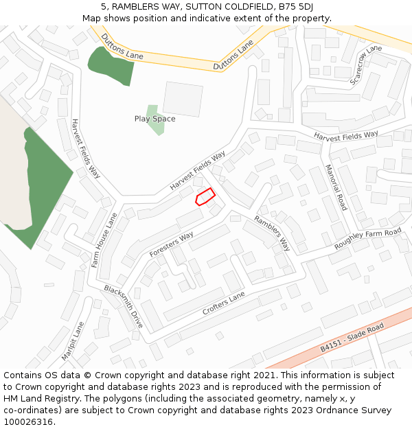 5, RAMBLERS WAY, SUTTON COLDFIELD, B75 5DJ: Location map and indicative extent of plot