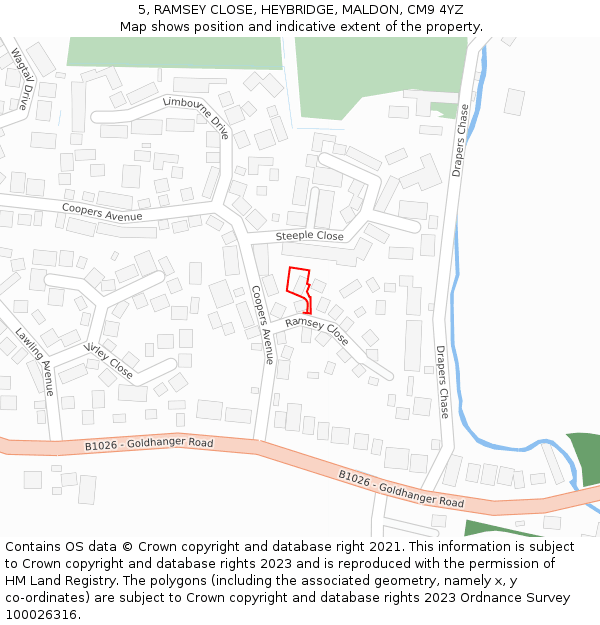 5, RAMSEY CLOSE, HEYBRIDGE, MALDON, CM9 4YZ: Location map and indicative extent of plot
