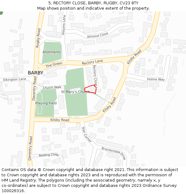 5, RECTORY CLOSE, BARBY, RUGBY, CV23 8TY: Location map and indicative extent of plot
