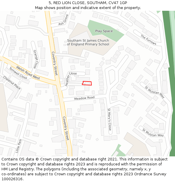 5, RED LION CLOSE, SOUTHAM, CV47 1GP: Location map and indicative extent of plot