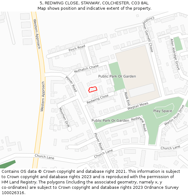 5, REDWING CLOSE, STANWAY, COLCHESTER, CO3 8AL: Location map and indicative extent of plot