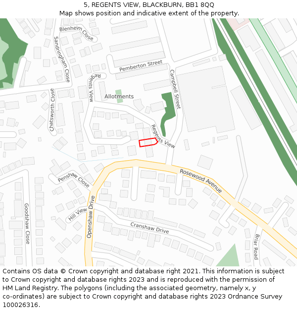 5, REGENTS VIEW, BLACKBURN, BB1 8QQ: Location map and indicative extent of plot