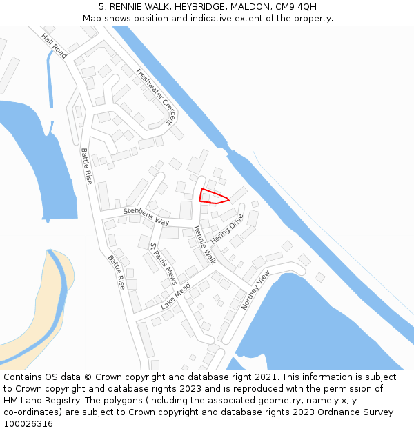 5, RENNIE WALK, HEYBRIDGE, MALDON, CM9 4QH: Location map and indicative extent of plot