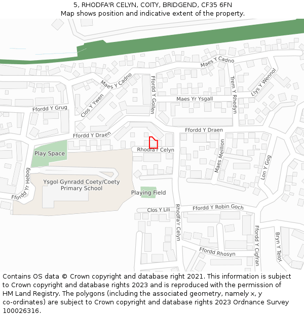 5, RHODFA'R CELYN, COITY, BRIDGEND, CF35 6FN: Location map and indicative extent of plot