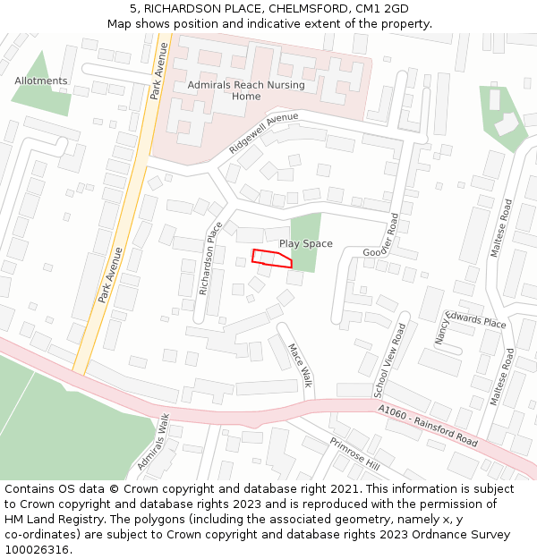 5, RICHARDSON PLACE, CHELMSFORD, CM1 2GD: Location map and indicative extent of plot
