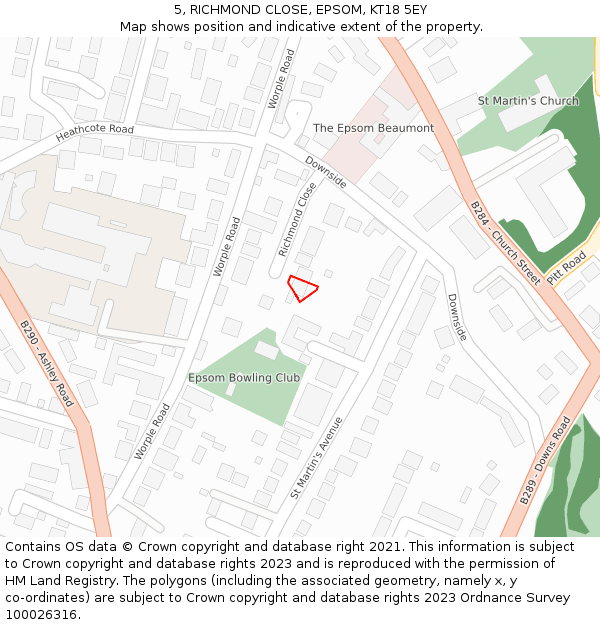 5, RICHMOND CLOSE, EPSOM, KT18 5EY: Location map and indicative extent of plot