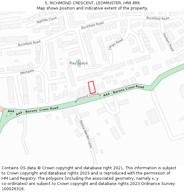 5, RICHMOND CRESCENT, LEOMINSTER, HR6 8RX: Location map and indicative extent of plot