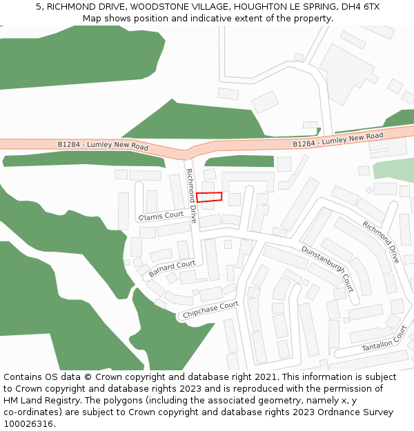 5, RICHMOND DRIVE, WOODSTONE VILLAGE, HOUGHTON LE SPRING, DH4 6TX: Location map and indicative extent of plot