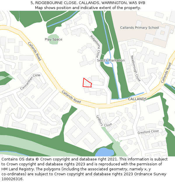 5, RIDGEBOURNE CLOSE, CALLANDS, WARRINGTON, WA5 9YB: Location map and indicative extent of plot