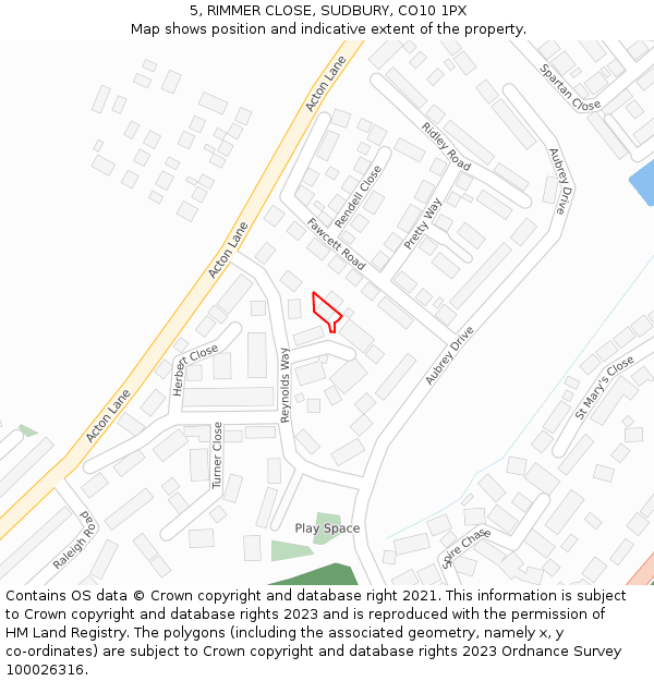 5, RIMMER CLOSE, SUDBURY, CO10 1PX: Location map and indicative extent of plot