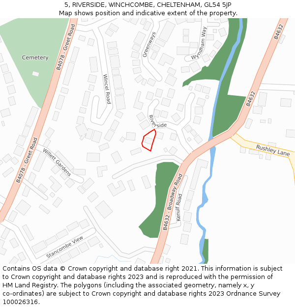 5, RIVERSIDE, WINCHCOMBE, CHELTENHAM, GL54 5JP: Location map and indicative extent of plot