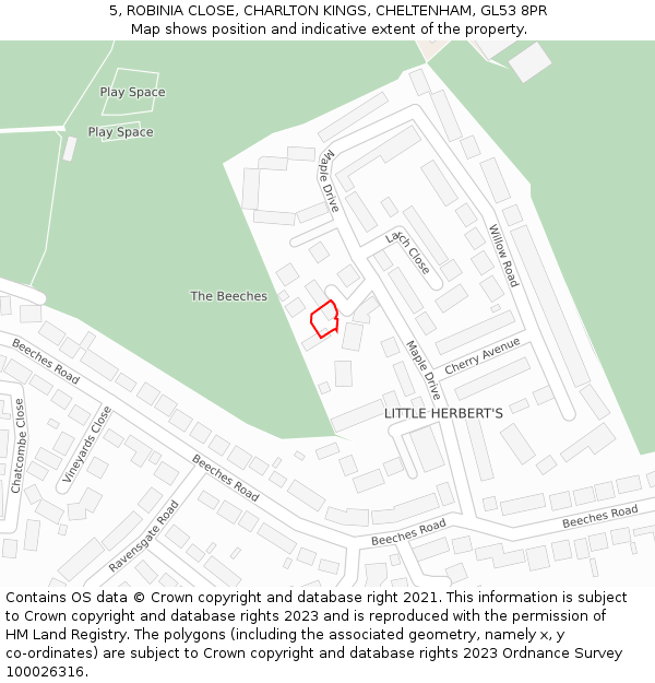 5, ROBINIA CLOSE, CHARLTON KINGS, CHELTENHAM, GL53 8PR: Location map and indicative extent of plot