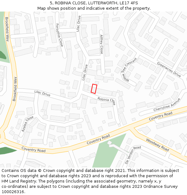 5, ROBINIA CLOSE, LUTTERWORTH, LE17 4FS: Location map and indicative extent of plot