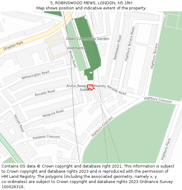 5, ROBINSWOOD MEWS, LONDON, N5 1RH: Location map and indicative extent of plot