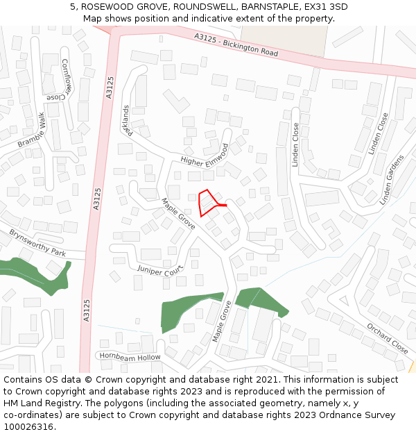 5, ROSEWOOD GROVE, ROUNDSWELL, BARNSTAPLE, EX31 3SD: Location map and indicative extent of plot