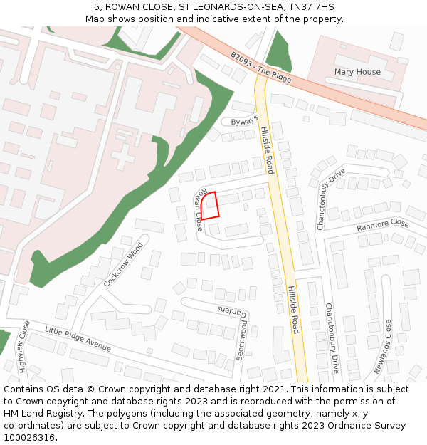 5, ROWAN CLOSE, ST LEONARDS-ON-SEA, TN37 7HS: Location map and indicative extent of plot