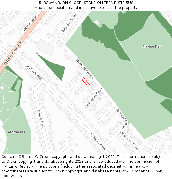 5, ROWANBURN CLOSE, STOKE-ON-TRENT, ST3 5US: Location map and indicative extent of plot