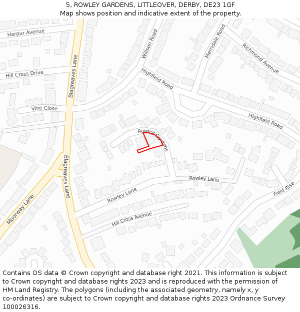 5, ROWLEY GARDENS, LITTLEOVER, DERBY, DE23 1GF: Location map and indicative extent of plot