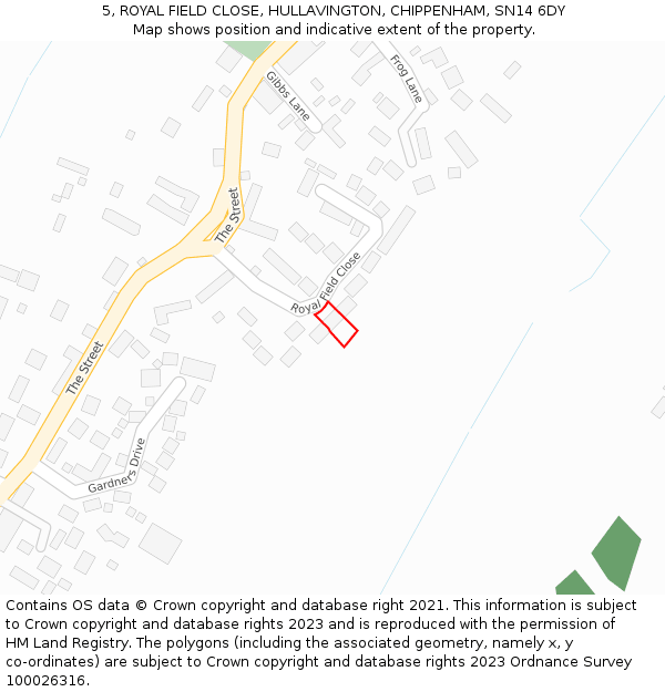5, ROYAL FIELD CLOSE, HULLAVINGTON, CHIPPENHAM, SN14 6DY: Location map and indicative extent of plot