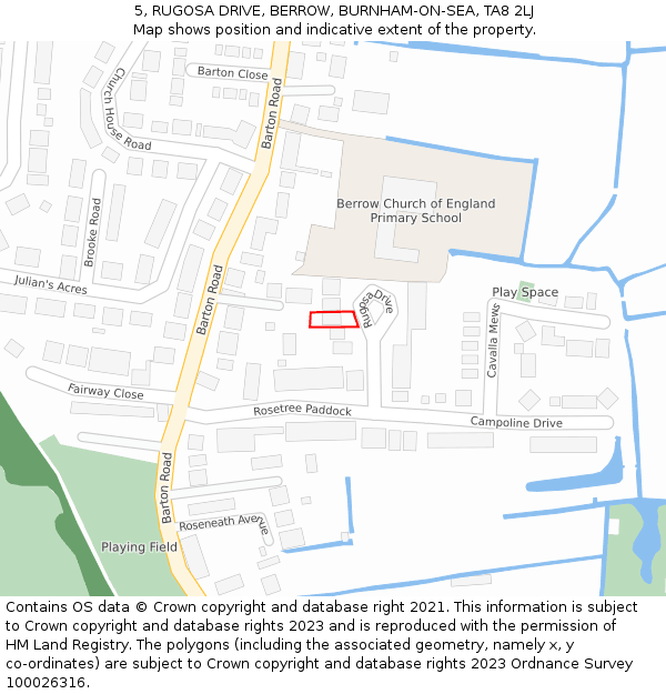 5, RUGOSA DRIVE, BERROW, BURNHAM-ON-SEA, TA8 2LJ: Location map and indicative extent of plot