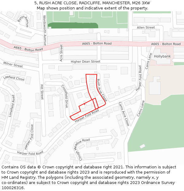 5, RUSH ACRE CLOSE, RADCLIFFE, MANCHESTER, M26 3XW: Location map and indicative extent of plot