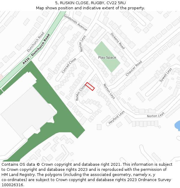 5, RUSKIN CLOSE, RUGBY, CV22 5RU: Location map and indicative extent of plot