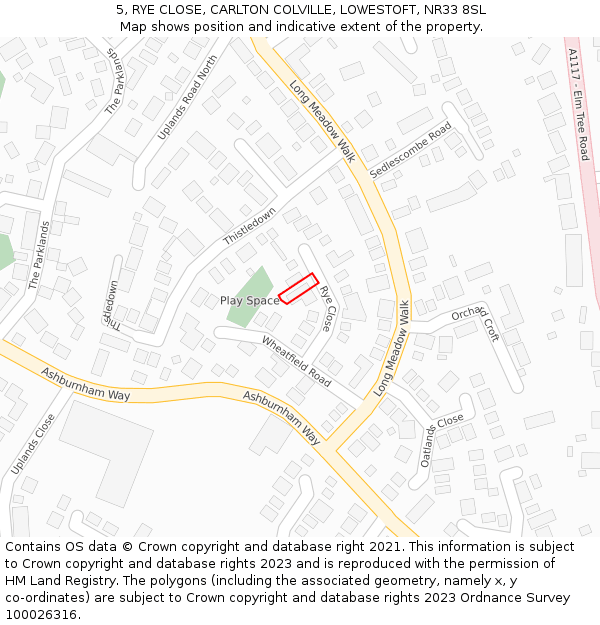 5, RYE CLOSE, CARLTON COLVILLE, LOWESTOFT, NR33 8SL: Location map and indicative extent of plot
