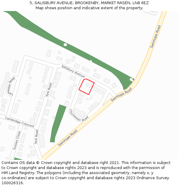 5, SALISBURY AVENUE, BROOKENBY, MARKET RASEN, LN8 6EZ: Location map and indicative extent of plot