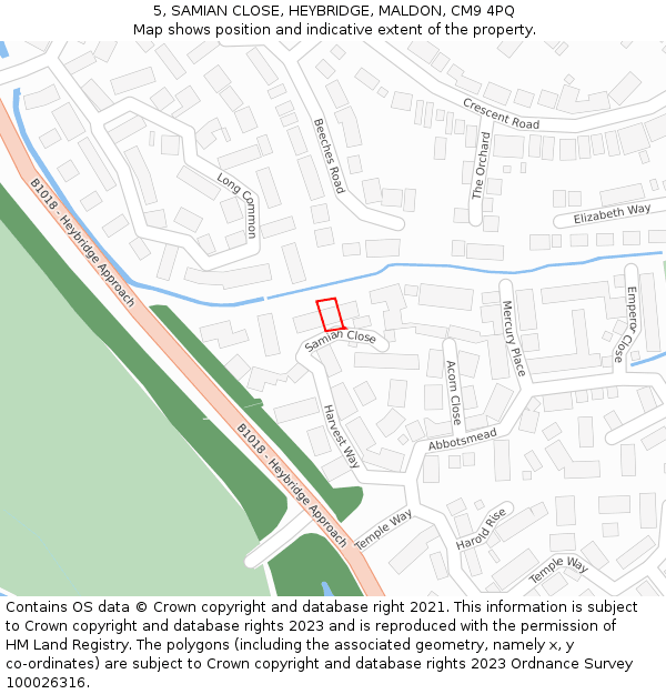 5, SAMIAN CLOSE, HEYBRIDGE, MALDON, CM9 4PQ: Location map and indicative extent of plot