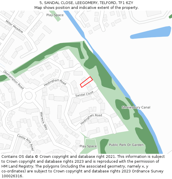 5, SANDAL CLOSE, LEEGOMERY, TELFORD, TF1 6ZY: Location map and indicative extent of plot