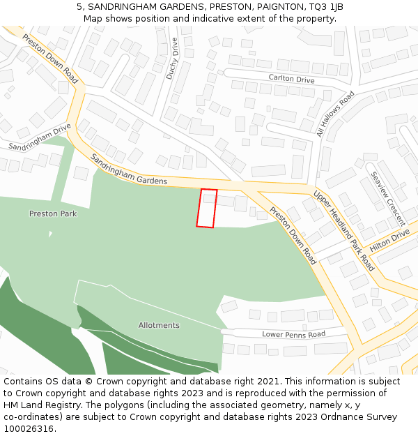 5, SANDRINGHAM GARDENS, PRESTON, PAIGNTON, TQ3 1JB: Location map and indicative extent of plot