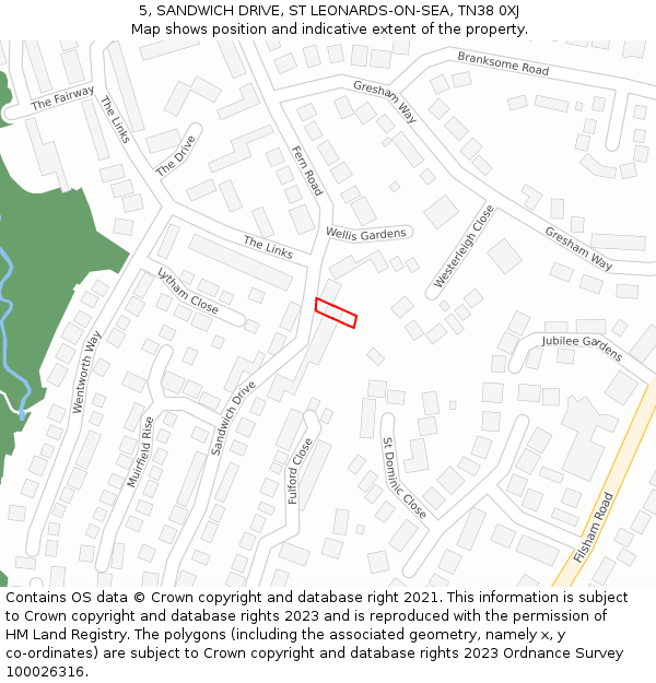 5, SANDWICH DRIVE, ST LEONARDS-ON-SEA, TN38 0XJ: Location map and indicative extent of plot