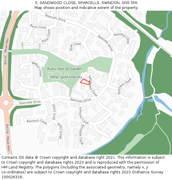 5, SANDWOOD CLOSE, SPARCELLS, SWINDON, SN5 5FA: Location map and indicative extent of plot