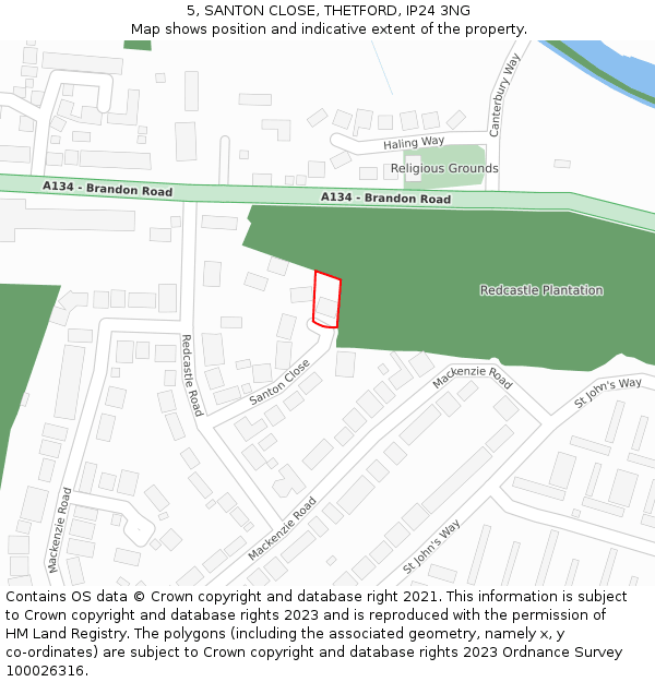 5, SANTON CLOSE, THETFORD, IP24 3NG: Location map and indicative extent of plot