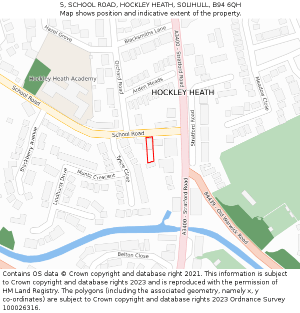 5, SCHOOL ROAD, HOCKLEY HEATH, SOLIHULL, B94 6QH: Location map and indicative extent of plot