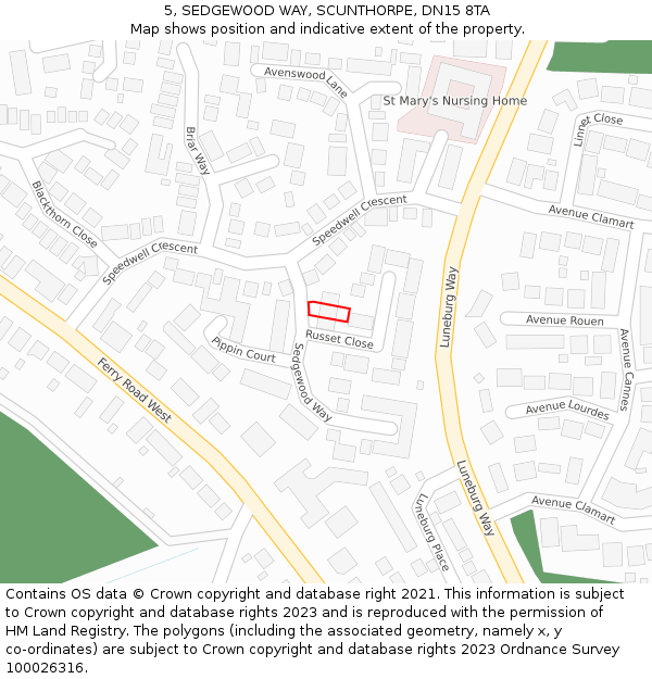 5, SEDGEWOOD WAY, SCUNTHORPE, DN15 8TA: Location map and indicative extent of plot