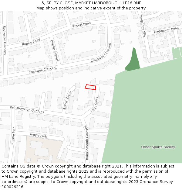 5, SELBY CLOSE, MARKET HARBOROUGH, LE16 9NF: Location map and indicative extent of plot