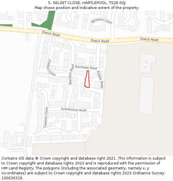 5, SELSET CLOSE, HARTLEPOOL, TS26 0QJ: Location map and indicative extent of plot