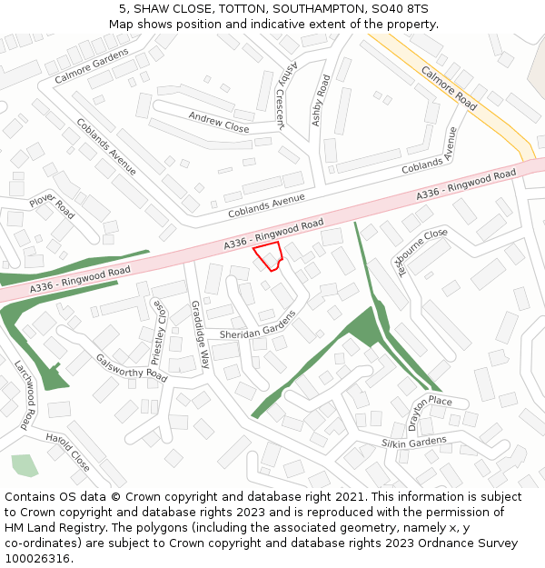 5, SHAW CLOSE, TOTTON, SOUTHAMPTON, SO40 8TS: Location map and indicative extent of plot