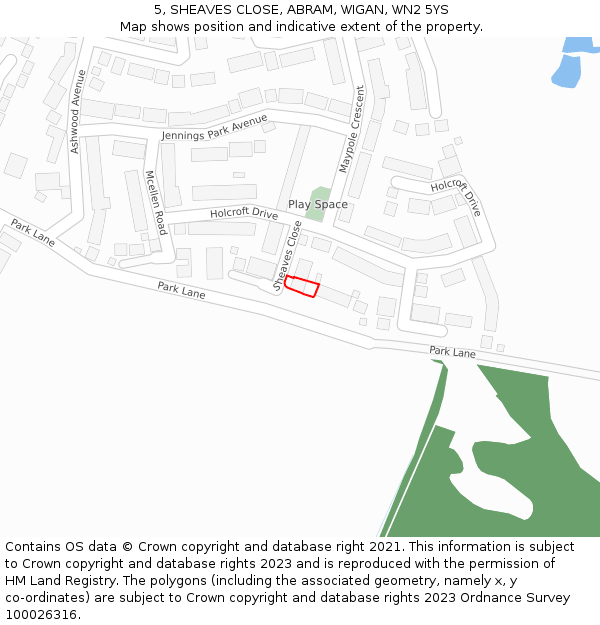 5, SHEAVES CLOSE, ABRAM, WIGAN, WN2 5YS: Location map and indicative extent of plot