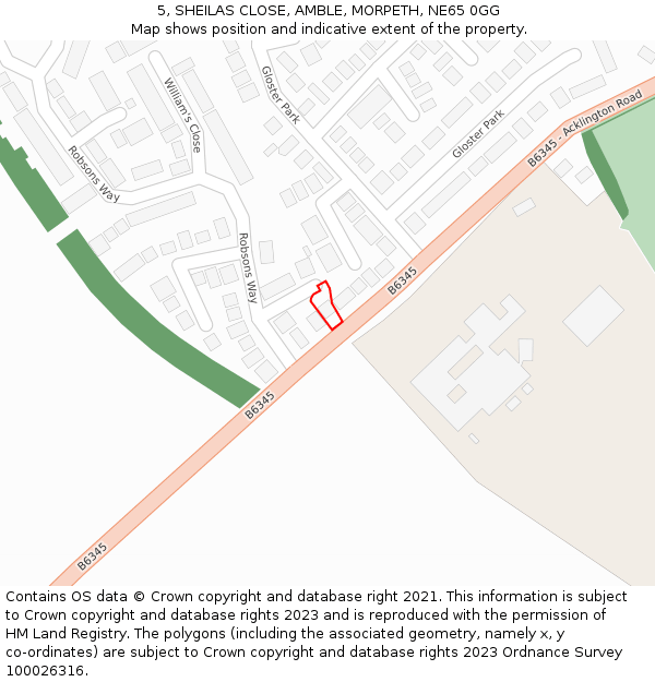 5, SHEILAS CLOSE, AMBLE, MORPETH, NE65 0GG: Location map and indicative extent of plot