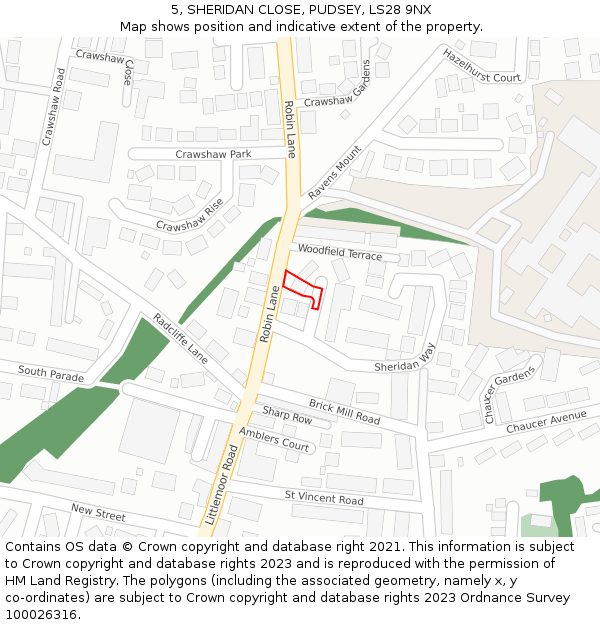 5, SHERIDAN CLOSE, PUDSEY, LS28 9NX: Location map and indicative extent of plot