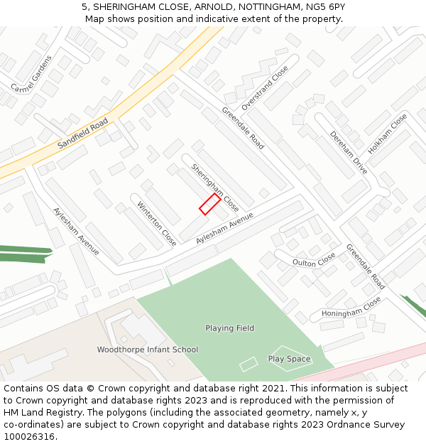 5, SHERINGHAM CLOSE, ARNOLD, NOTTINGHAM, NG5 6PY: Location map and indicative extent of plot