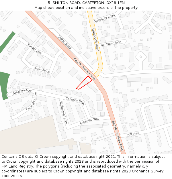 5, SHILTON ROAD, CARTERTON, OX18 1EN: Location map and indicative extent of plot